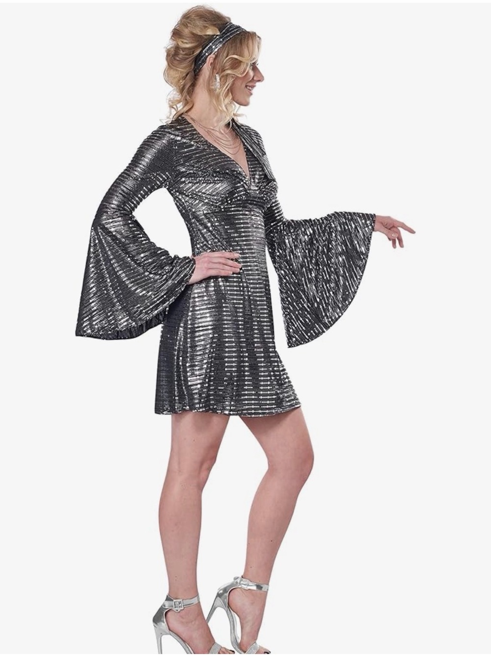 NWOT California Costumes Silver Metallic Long Sleeve Mini Dress Disco, L